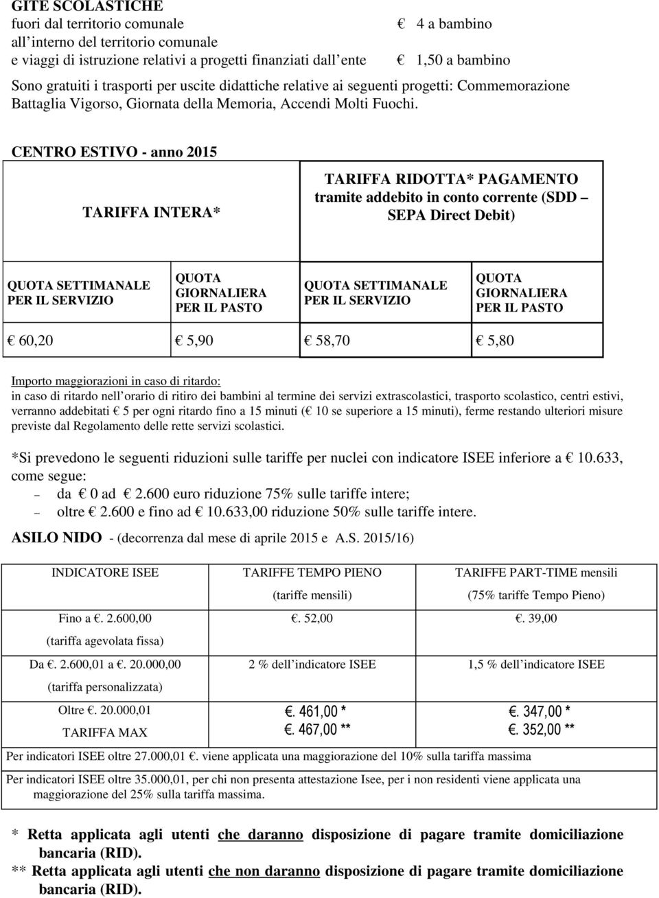 CENTRO ESTIVO - anno 2015 TARIFFA RIDOTTA* PAGAMENTO tramite addebito in conto corrente (SDD SEPA Direct Debit) SETTIMANALE PER IL SERVIZIO PER IL PASTO SETTIMANALE PER IL SERVIZIO PER IL PASTO 60,20