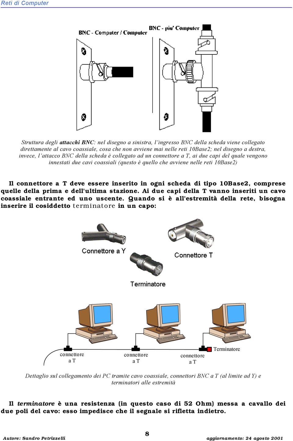 connettore a T deve essere inserito in ogni scheda di tipo 10Base2, comprese quelle della prima e dell'ultima stazione. Ai due capi della T vanno inseriti un cavo coassiale entrante ed uno uscente.