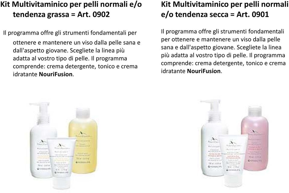 Scegliete la linea più adatta al vostro tipo di pelle. Il programma comprende: crema detergente, tonico e crema idratante NouriFusion.