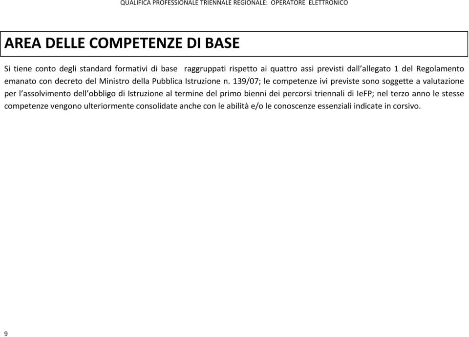 139/07; le competenze ivi previste sono soggette a valutazione per l assolvimento dell obbligo di Istruzione al termine del primo