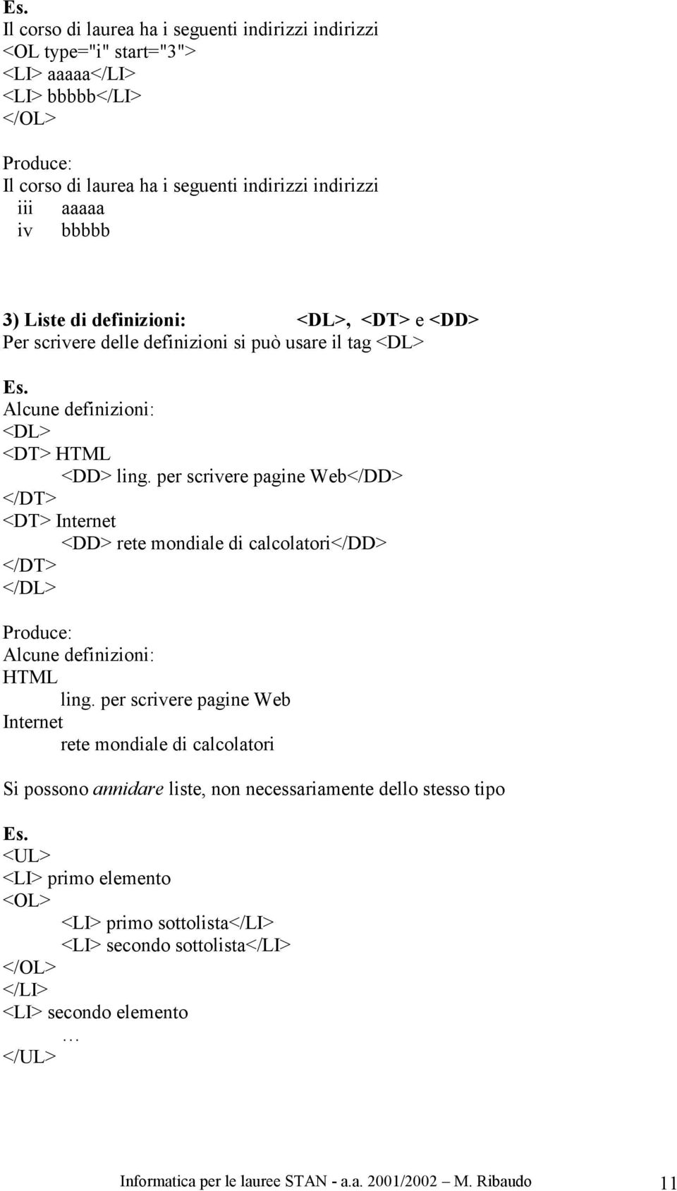 per scrivere pagine Web</DD </DT <DT Internet <DD rete mondiale di calcolatori</dd </DT </DL Produce: Alcune definizioni: HTML ling.