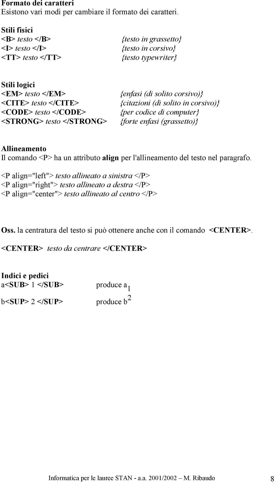 </STRONG {enfasi (di solito corsivo)} {citazioni (di solito in corsivo)} {per codice di computer} {forte enfasi (grassetto)} Allineamento Il comando <P ha un attributo align per l'allineamento del