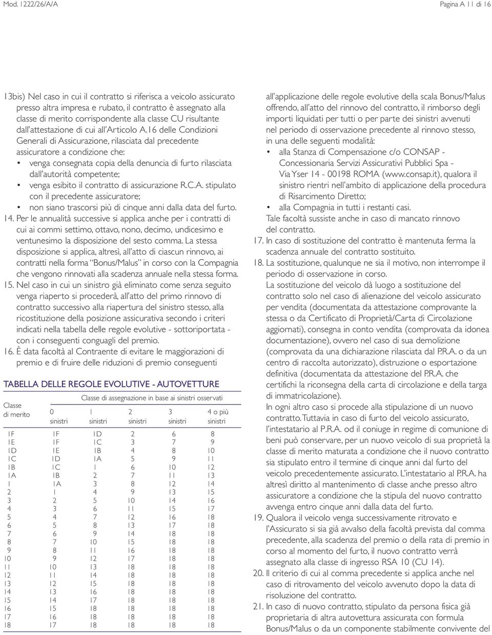 16 delle Condizioni Generali di Assicurazione, rilasciata dal precedente assicuratore a condizione che: venga consegnata copia della denuncia di furto rilasciata dall autorità competente; venga