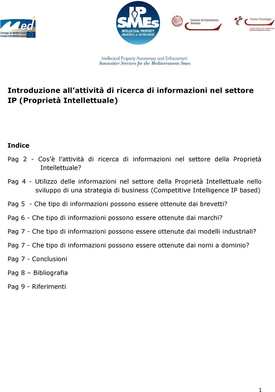 Pag 4 - Utilizzo delle informazioni nel settore della Proprietà Intellettuale nello sviluppo di una strategia di business (Competitive Intelligence IP based) Pag 5 - Che tipo di