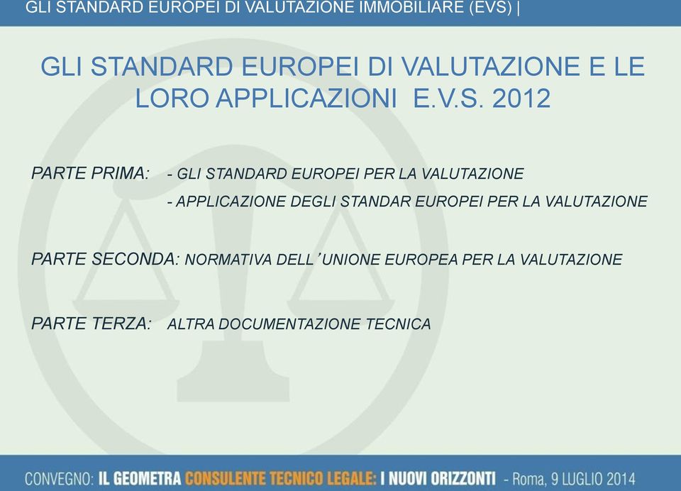 2012 PARTE PRIMA: - ANDARD EUROPEI PER LA VALUTAZIONE - APPLICAZIONE