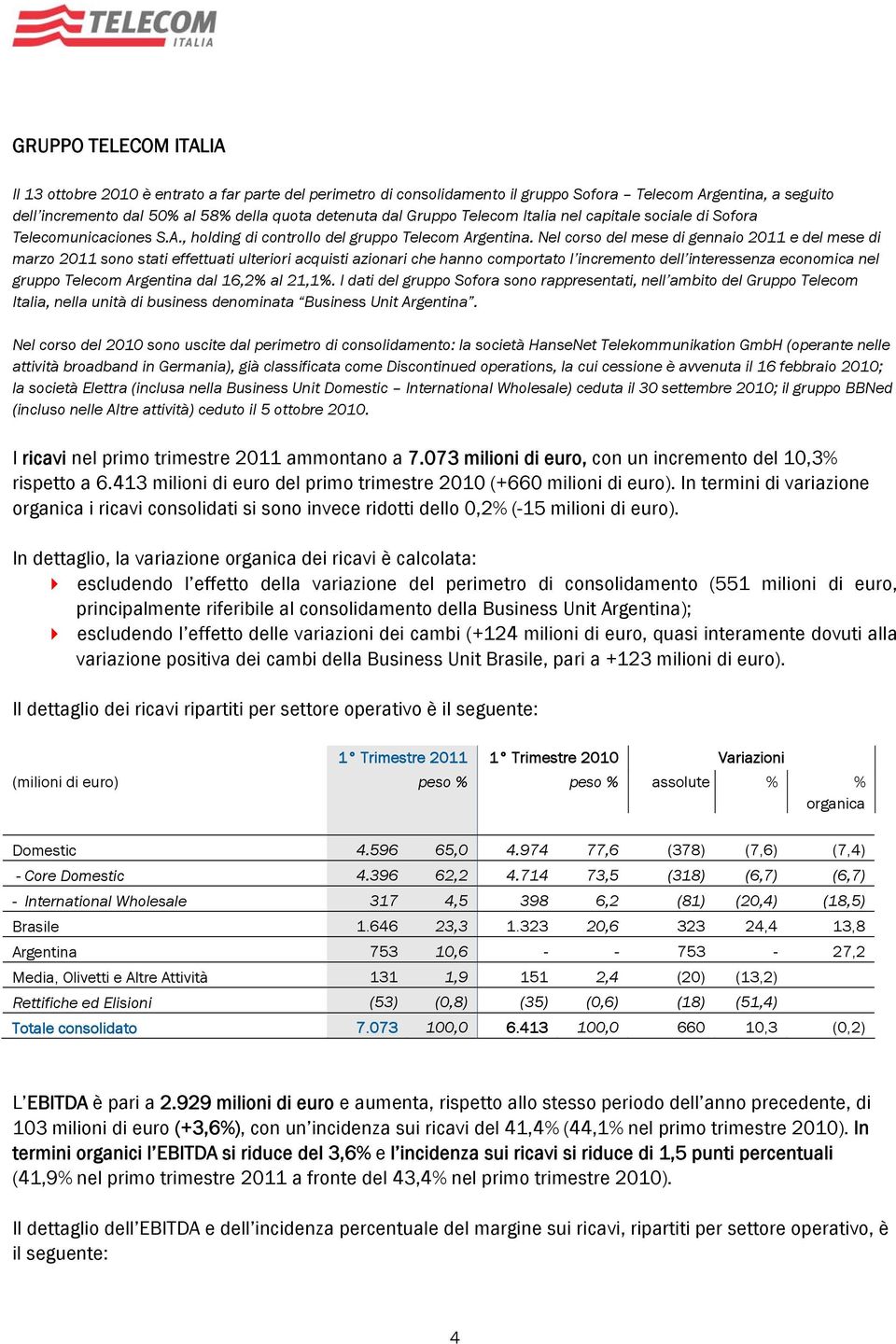 Nel corso del mese di gennaio 2011 e del mese di marzo 2011 sono stati effettuati ulteriori acquisti azionari che hanno comportato l incremento dell interessenza economica nel gruppo Telecom