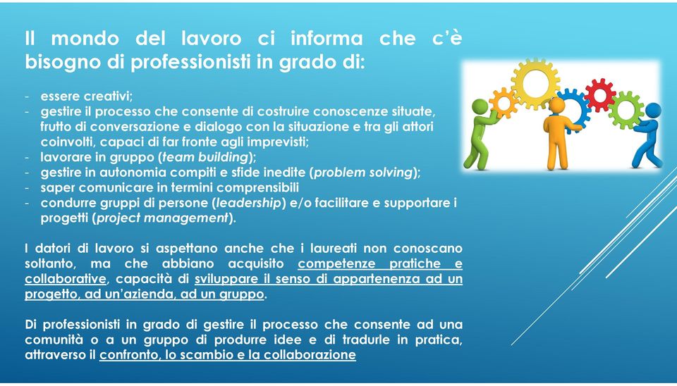 comunicare in termini comprensibili - condurre gruppi di persone (leadership) e/o facilitare e supportare i progetti (project management).