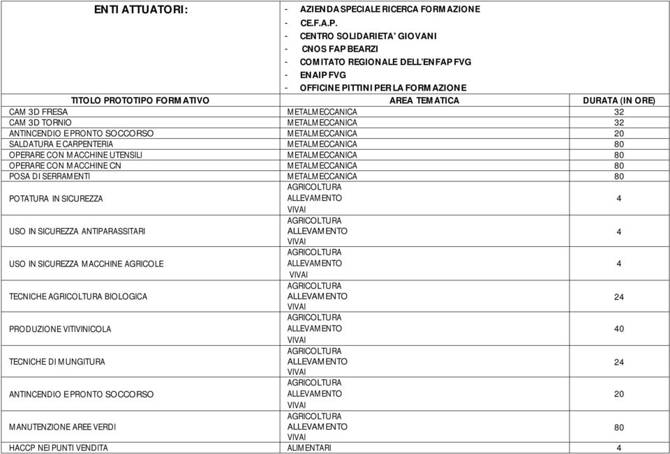 - CENTRO SOLIDARIETA GIOVANI - CNOS FAP BEARZI - COMITATO REGIONALE DELL ENFAP FVG - ENAIP FVG - OFFICINE PITTINI PER LA FORMAZIONE TITOLO PROTOTIPO FORMATIVO AREA TEMATICA DURATA (IN ORE) CAM 3D