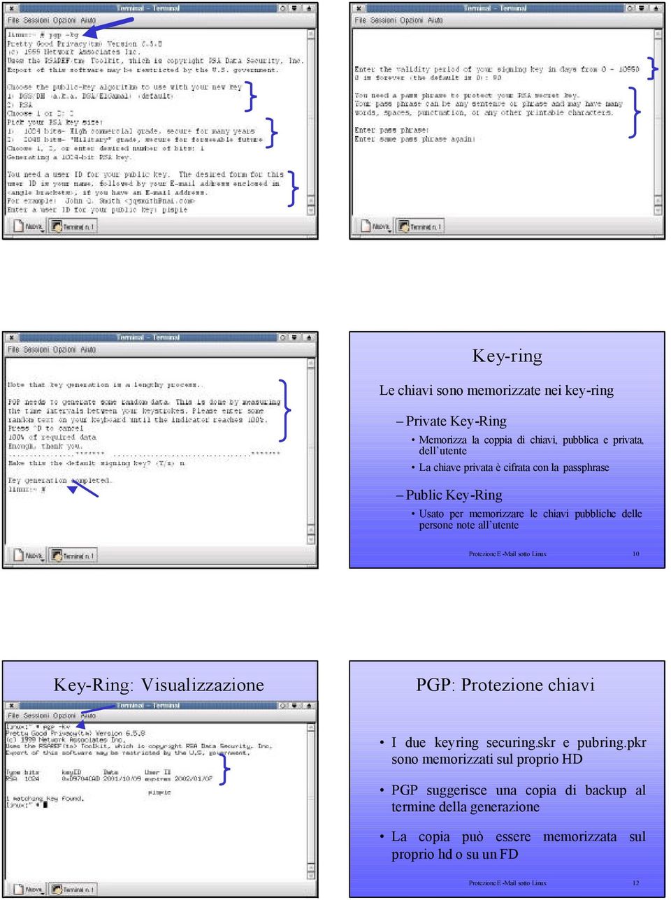 sotto Linux 9 Protezione E -Mail sotto Linux 10 Key-Ring: Visualizzazione PGP: Protezione chiavi I due keyring securing.skr e pubring.