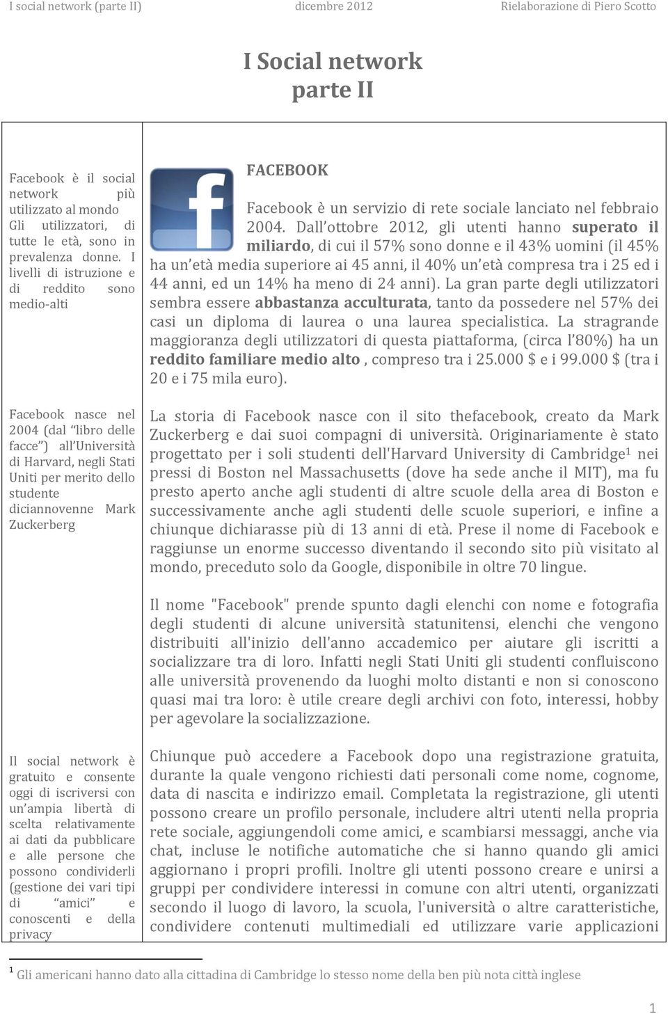 Zuckerberg FACEBOOK Facebook è un servizio di rete sociale lanciato nel febbraio 2004.