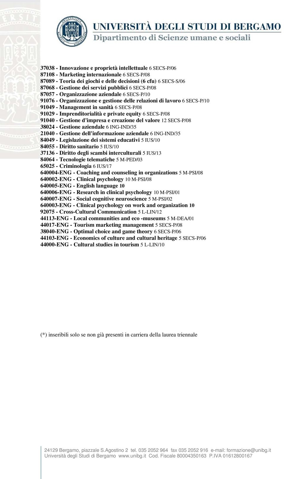 Imprenditorialità e private equity 6 SECS-P/08 91040 - Gestione d'impresa e creazione del valore 12 SECS-P/08 38024 - Gestione aziendale 6 ING-IND/35 21040 - Gestione dell'informazione aziendale 6