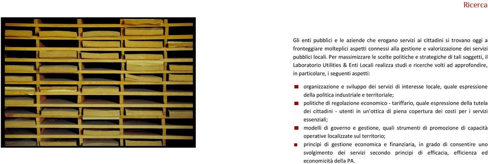 organizzazione e sviluppo dei servizi di interesse locale, quale espressione della politica industriale e territoriale; politiche di regolazione economico - tariffario, quale espressione della tutela