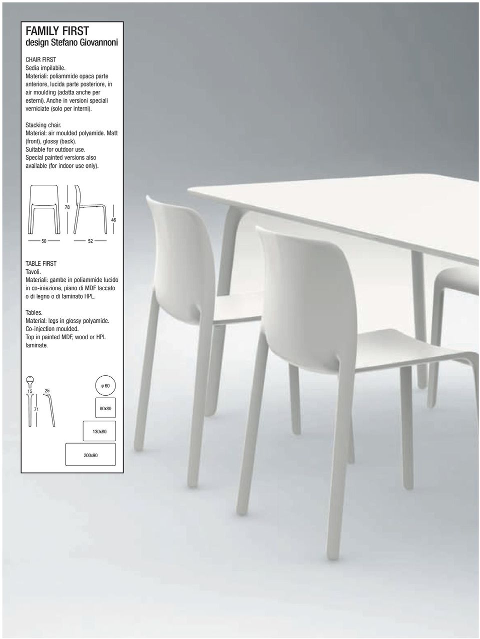 Anche in versioni speciali verniciate (solo per interni). Stacking chair. Material: air moulded polyamide. Matt (front), glossy (back). Suitable for outdoor use.