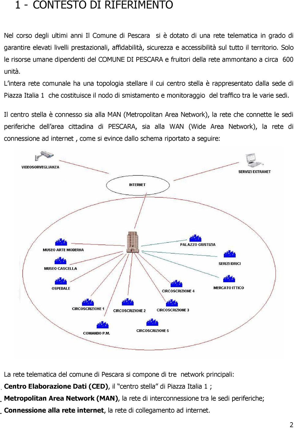 L intera rete comunale ha una topologia stellare il cui centro stella è rappresentato dalla sede di Piazza Italia 1 che costituisce il nodo di smistamento e monitoraggio del traffico tra le varie