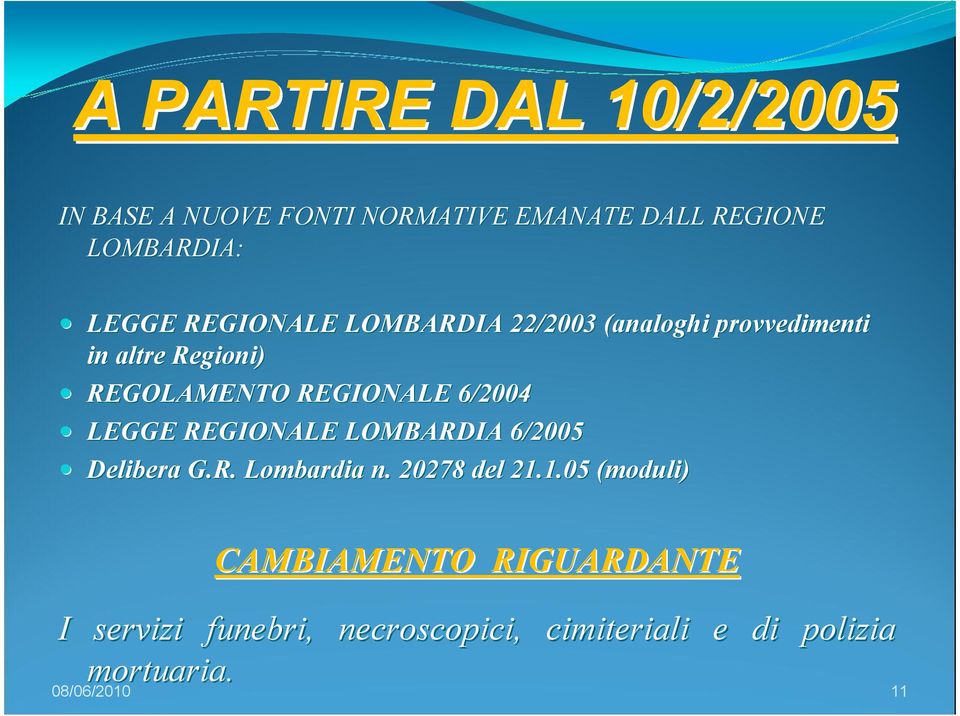 6/2004 LEGGE REGIONALE LOMBARDIA 6/2005 Delibera G.R. Lombardia n. 20278 del 21.