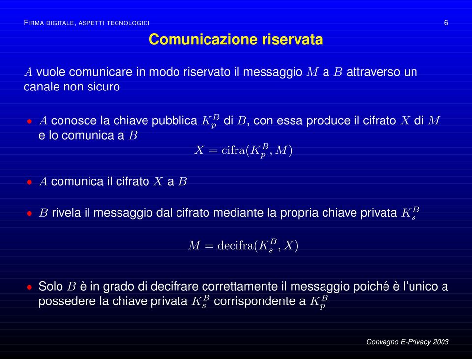 M) A comunica il cifrato X a B B rivela il messaggio dal cifrato mediante la propria chiave privata K B s M = decifra(k B s, X)