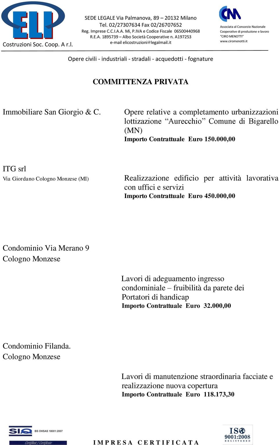 000,00 ITG srl Via Giordano Cologno Monzese (MI) Realizzazione edificio per attività lavorativa con uffici e servizi Importo Contrattuale Euro 450.