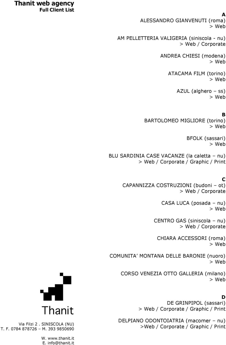 CAPANNIZZA COSTRUZIONI (budoni ot) / Corporate CASA LUCA (posada nu) CENTRO GAS (siniscola nu) / Corporate CHIARA ACCESSORI (roma) COMUNITA MONTANA DELLE