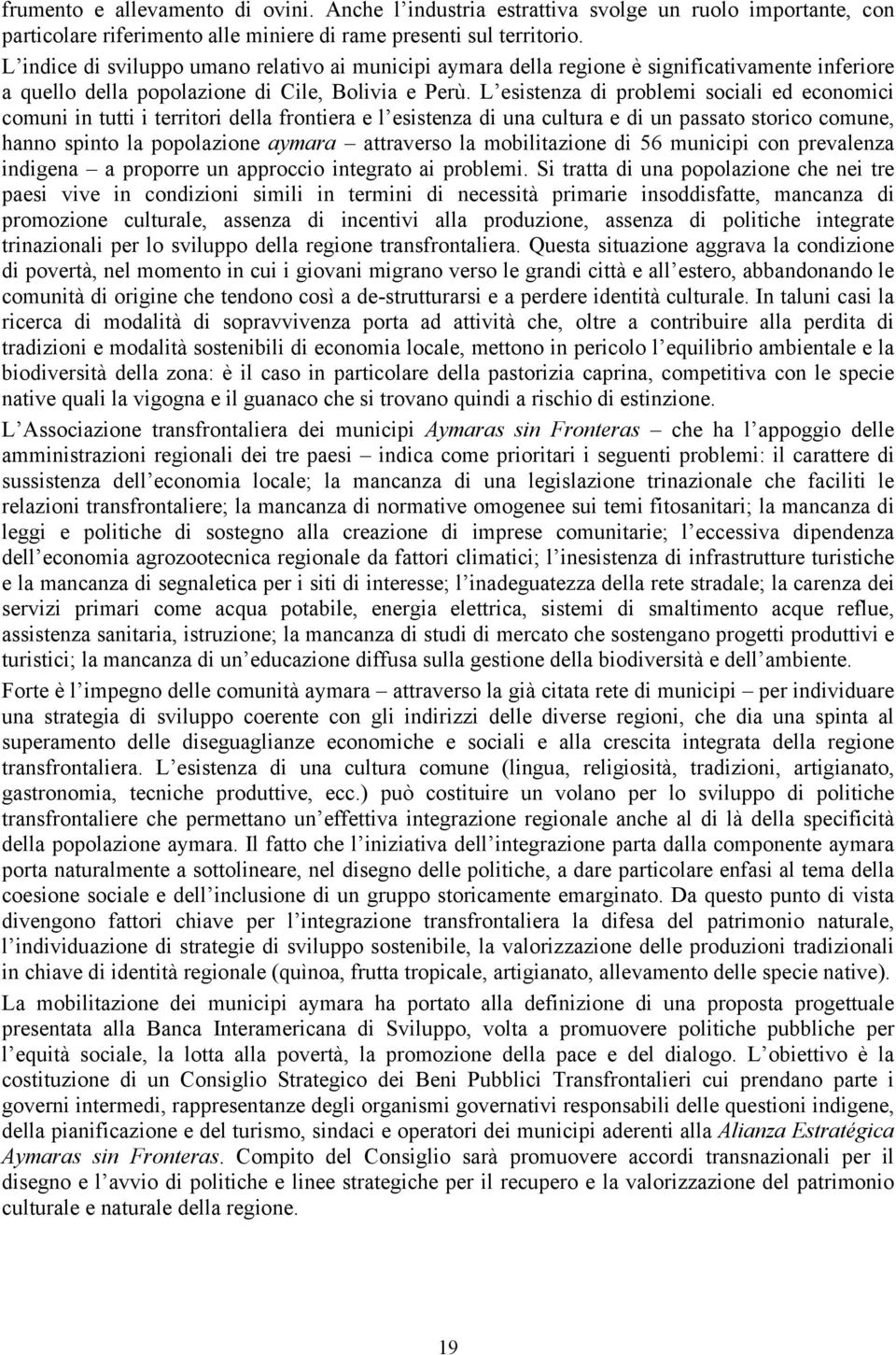 L esistenza di problemi sociali ed economici comuni in tutti i territori della frontiera e l esistenza di una cultura e di un passato storico comune, hanno spinto la popolazione aymara attraverso la