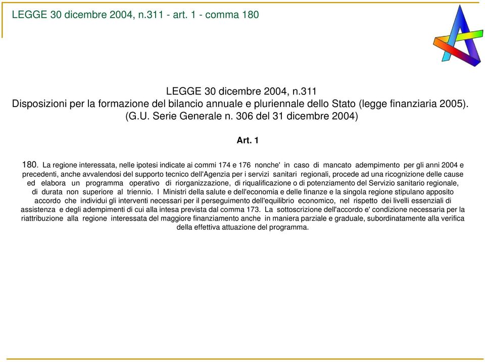 La regione interessata, nelle ipotesi indicate ai commi 174 e 176 nonche' in caso di mancato adempimento per gli anni 2004 e precedenti, anche avvalendosi del supporto tecnico dell'agenzia per i