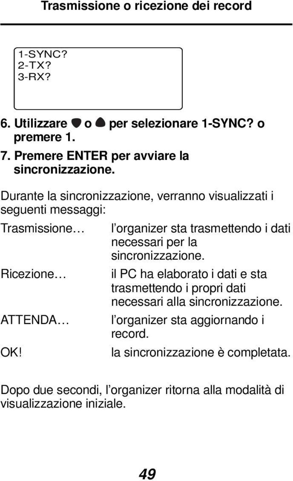 Durante la sincronizzazione, verranno visualizzati i seguenti messaggi: Trasmissione Ricezione ATTENDA OK!