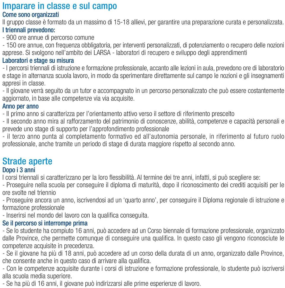 Si svolgono nell ambito dei LARSA - laboratori di recupero e sviluppo degli apprendimenti Laboratori e stage su misura - I percorsi triennali di istruzione e formazione professionale, accanto alle