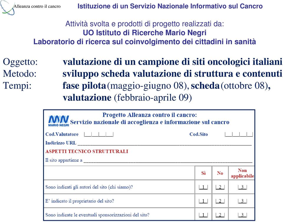 campione di siti oncologici italiani Metodo: sviluppo scheda valutazione di struttura e