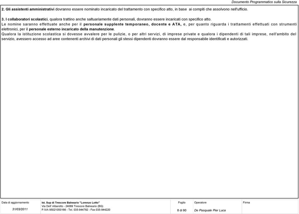 Le nomine saranno effettuate anche per il personale supplente temporaneo, docente e ATA, e, per quanto riguarda i trattamenti effettuati con strumenti elettronici, per il personale esterno incaricato