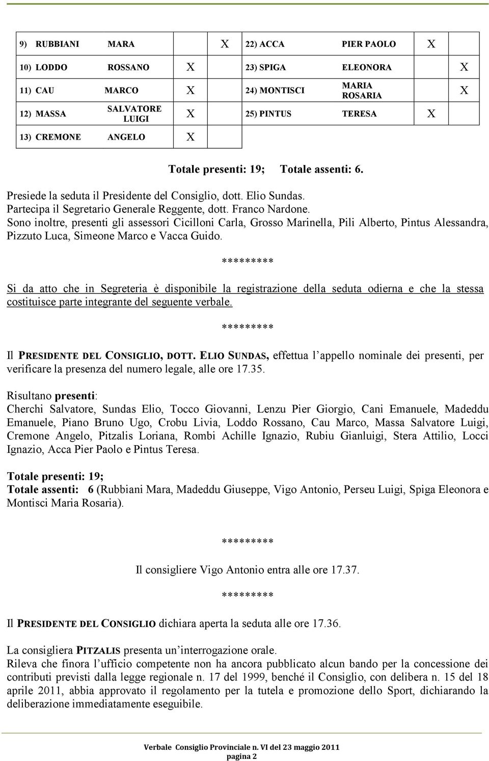 Sono inoltre, presenti gli assessori Cicilloni Carla, Grosso Marinella, Pili Alberto, Pintus Alessandra, Pizzuto Luca, Simeone Marco e Vacca Guido.