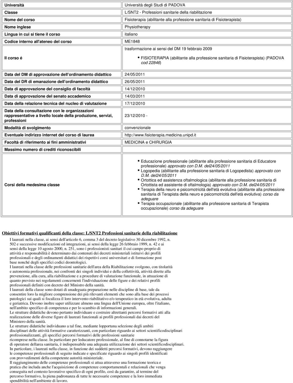 professione sanitaria di Fisioterapista) (PADOVA cod 22846) Data del DM di approvazione dell'ordinamento didattico 24/05/2011 Data del DR di emanazione dell'ordinamento didattico 26/05/2011 Data di
