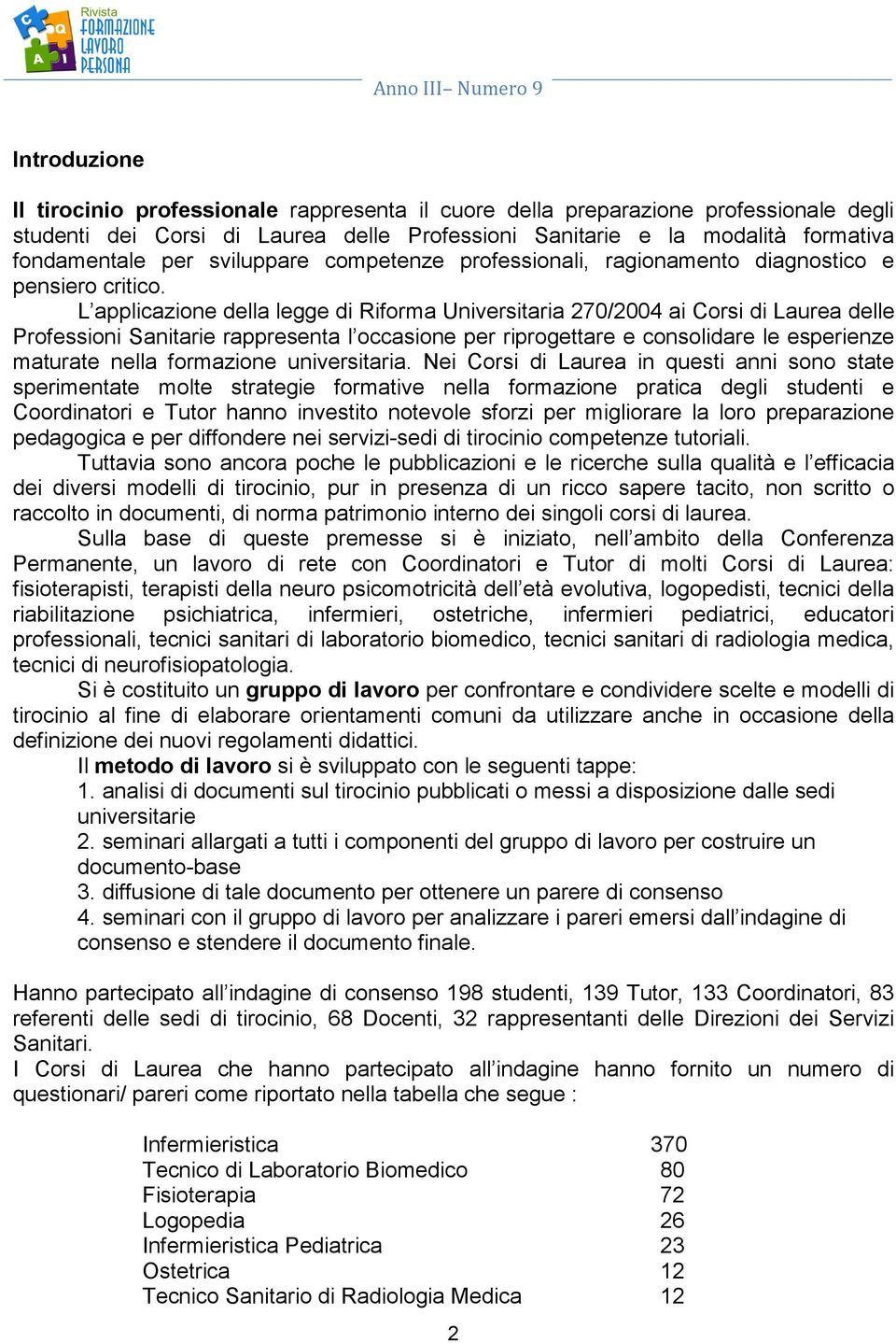 L applicazione della legge di Riforma Universitaria 270/2004 ai Corsi di Laurea delle Professioni Sanitarie rappresenta l occasione per riprogettare e consolidare le esperienze maturate nella