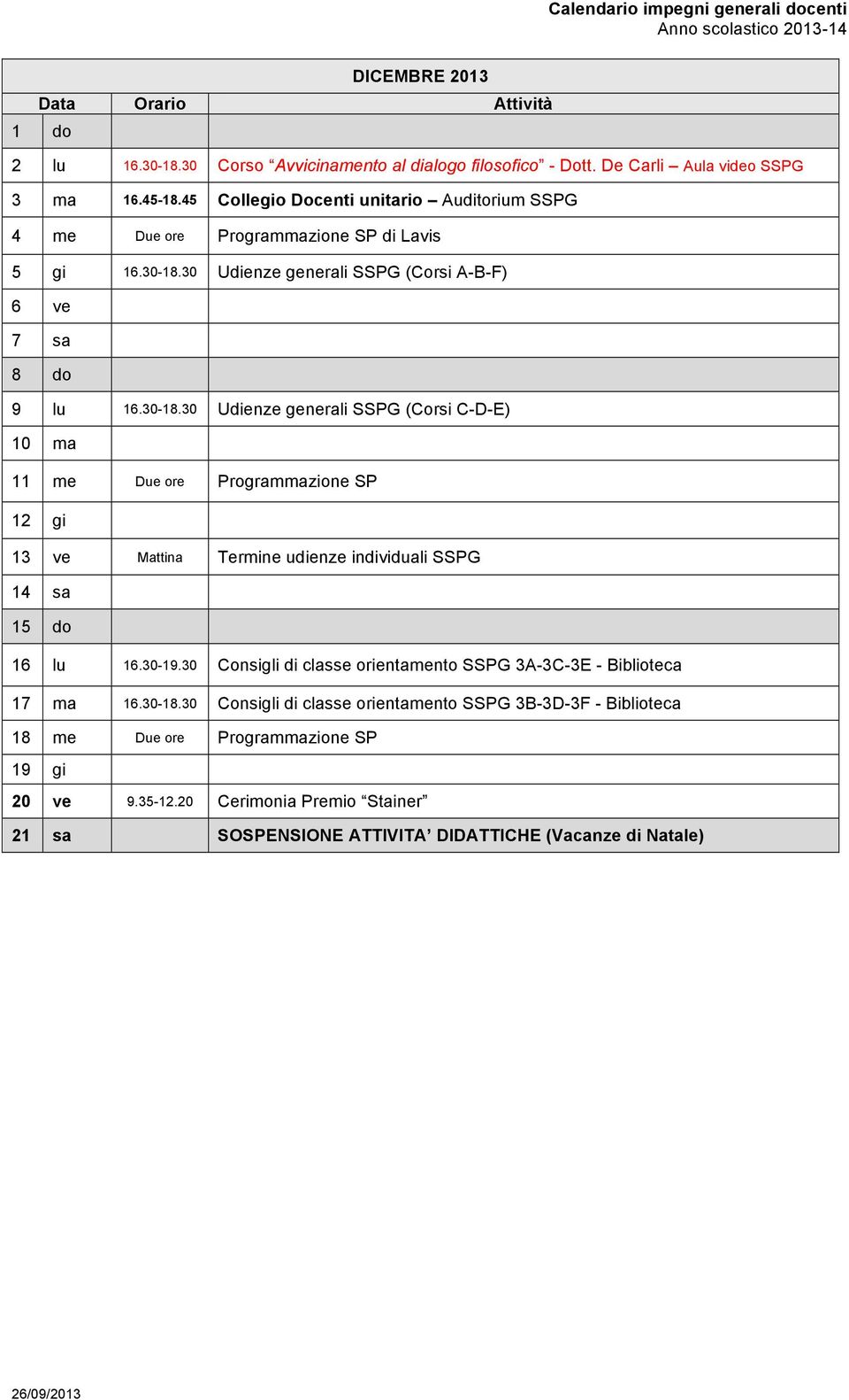 30 Udienze generali SSPG (Corsi A-B-F) 6 ve 7 sa 8 do 9 lu 16.30-18.