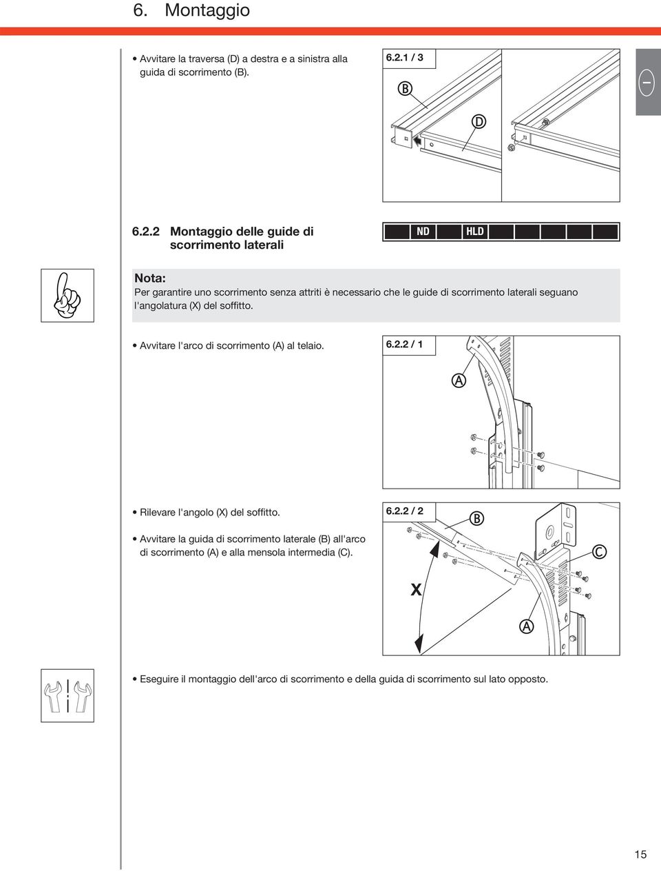 2 Montaggio delle guide di scorrimento laterali vvitare l'arco di scorrimento () al telaio. 6.2.2 / 1 Per garantire uno scorrimento senza attriti è necessario che le guide di scorrimento laterali seguano l'angolatura (X) del soffitto.