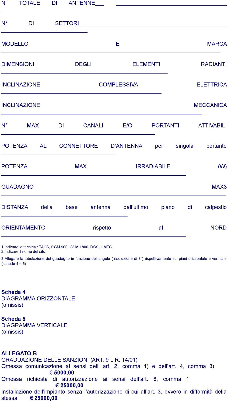 IRRADIABILE (W) GUADAGNO MAX3 DISTANZA della base antenna dall ultimo piano di calpestio ORIENTAMENTO rispetto al NORD 1 Indicare la tecnica : TACS, GSM 900, GSM 1800, DCS, UMTS.