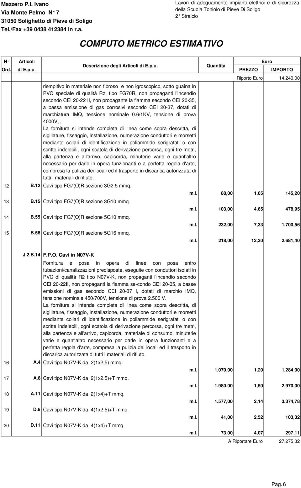 CEI 20-35, a bassa emissione di gas corrosivi secondo CEI 20-37, dotati di marchiatura IMQ, tensione nominale 0.