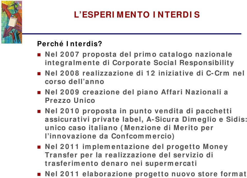 dell anno Nel 2009 creazione del piano Affari Nazionali a Prezzo Unico Nel 2010 proposta in punto vendita di pacchetti assicurativi private label, A-Sicura