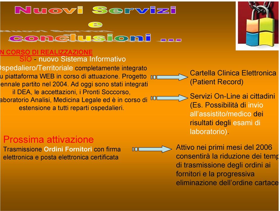 Prossima attivazione Trasmissione Ordini Fornitori con firma elettronica e posta elettronica certificata Cartella Clinica Elettronica (Patient Record) Servizi On-Line ai cittadini (Es.