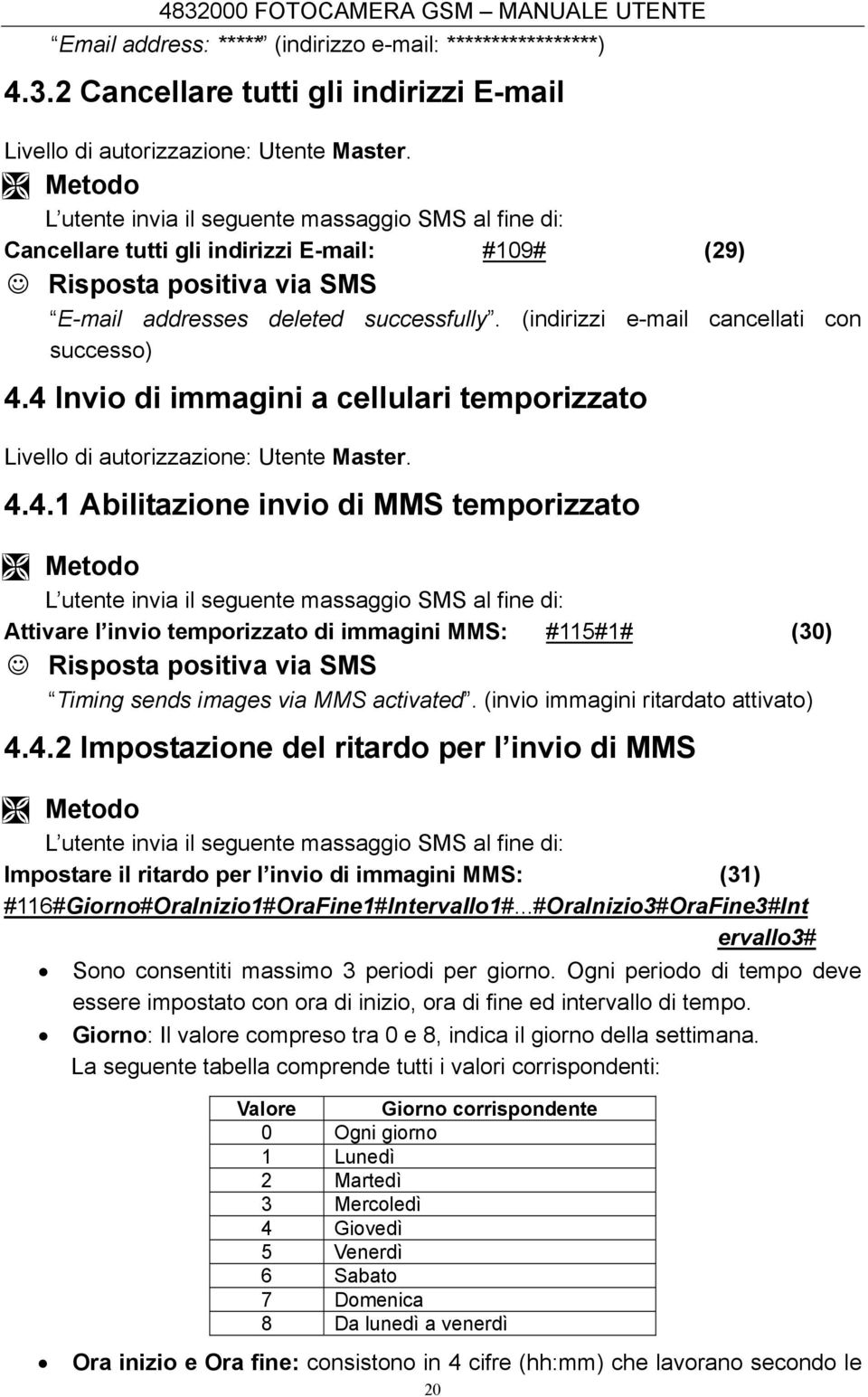 4 Invio di immagini a cellulari temporizzato Livello di autorizzazione: Utente. 4.4.1 Abilitazione invio di MMS temporizzato L utente invia il seguente massaggio SMS al fine di: Attivare l invio temporizzato di immagini MMS: #115#1# (30) Timing sends images via MMS activated.