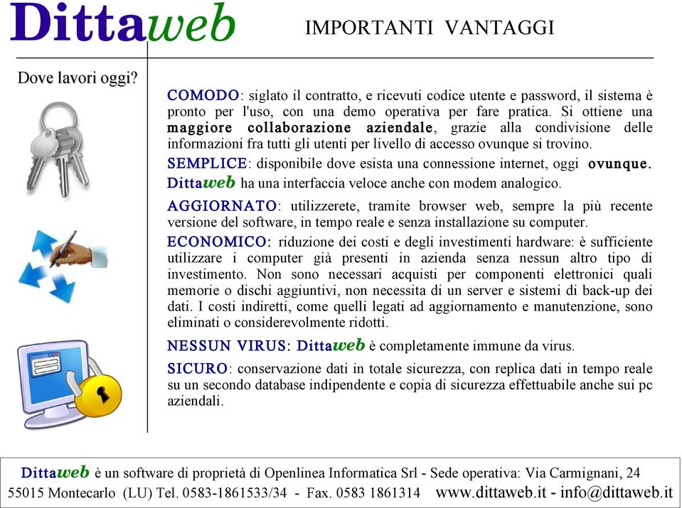 SEMPLICE: disponibile dove esista una connessione internet, oggi ovunque. Dittaweb ha una interfaccia veloce anche con modem analogico.