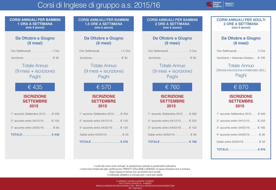 ) 435 570 760 870 1 acconto Settembre.... 200 1 acconto Settembre.... 250 1 acconto Settembre.... 300 1 acconto Settembre.... 300 2 acconto entro 04/12/15..... 150 2 acconto entro 04/12/15.