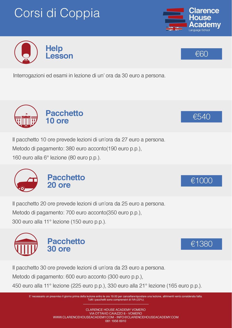 Metodo di pagamento: 700 euro acconto(350 euro p.p.), 300 euro alla 11 lezione (150 euro p.p.). 1380 Il pacchetto prevede lezioni di un ora da 23 euro a persona.