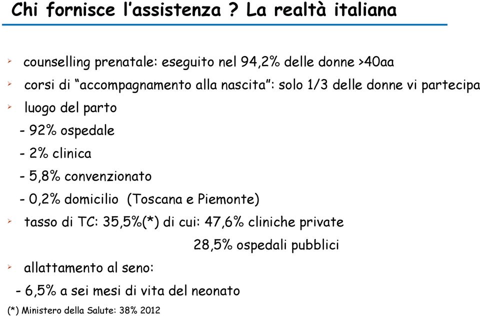 nascita : solo 1/3 delle donne vi partecipa Ø luogo del parto - 92% ospedale - 2% clinica - 5,8% convenzionato -