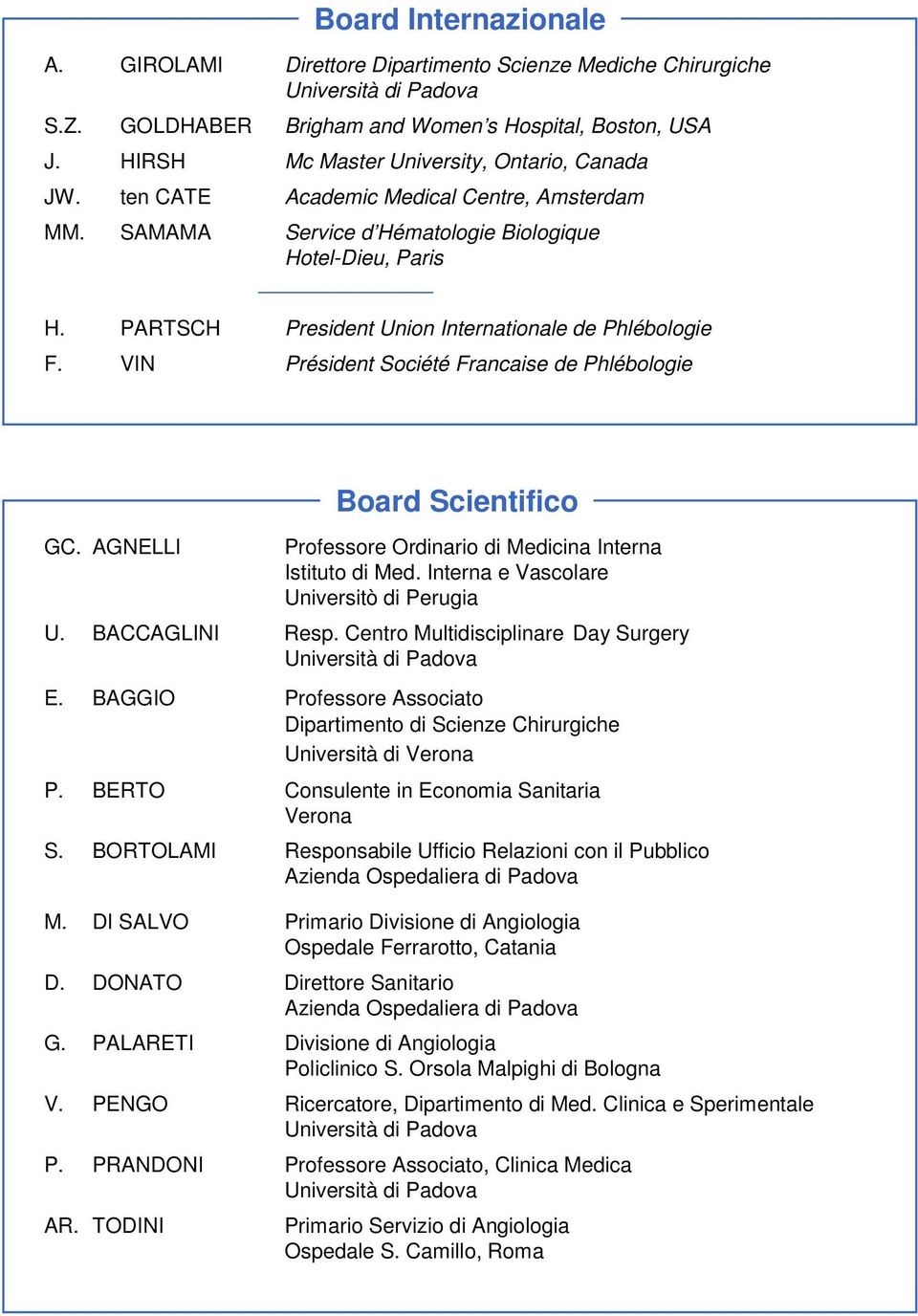 PARTSCH President Union Internationale de Phlébologie F. VIN Président Société Francaise de Phlébologie Board Scientifico GC. AGNELLI Professore Ordinario di Medicina Interna Istituto di Med.