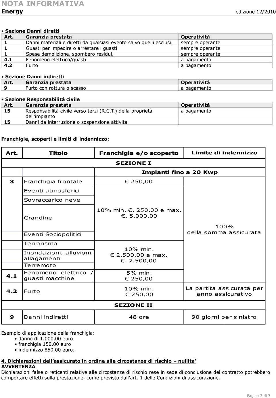 2 Furto a pagamento Sezione Danni indiretti Art. Garanzia prestata Operatività 9 Furto con rottura o scasso a pagamento Sezione Responsabilità civile Art.