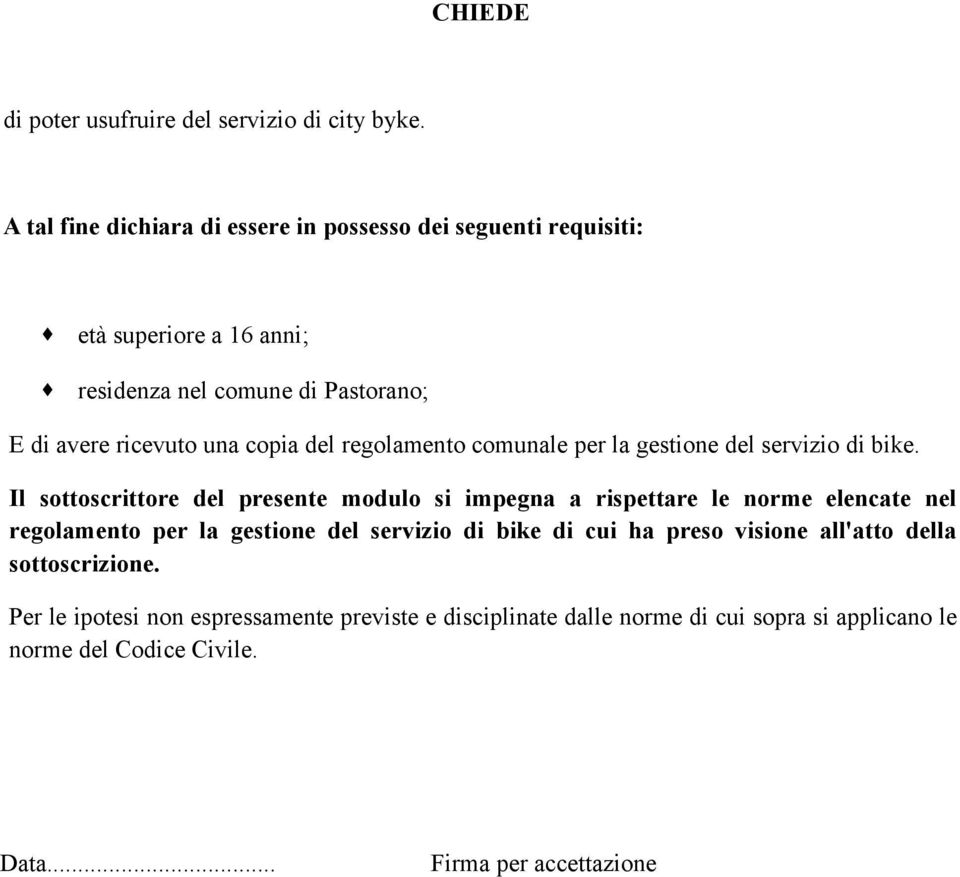 copia del regolamento comunale per la gestione del servizio di bike.