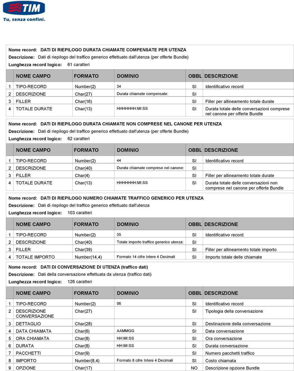 DATI DI RIEPILOGO DURATA CHIAMATE N COMPRESE NEL CANE PER UTENZA Descrizione: Dati di riepilogo del traffico generico effettuato dall'utenza (per offerte Bundle) Lunghezza record logico: caratteri