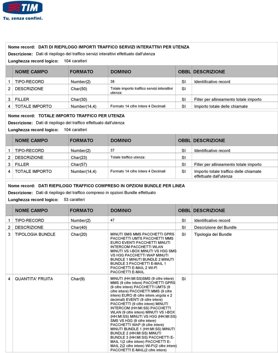 PER UTENZA Descrizione: Dati di riepilogo del traffico effettuato dall'utenza Lunghezza record logico: 0 caratteri Char() Totale traffico utenza: Char() Filler per allineamento totale importo TOTALE