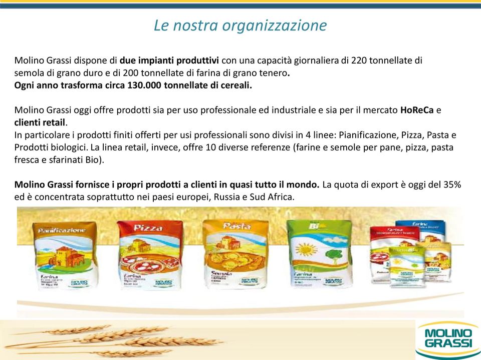 In particolare i prodotti finiti offerti per usi professionali sono divisi in 4 linee: Pianificazione, Pizza, Pasta e Prodotti biologici.