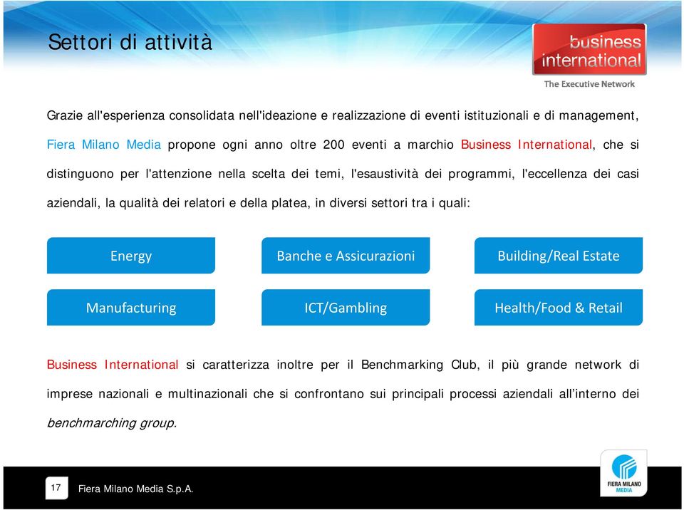 della platea, in diversi settori tra i quali: Energy Banche e Assicurazioni Building/Real Estate Manufacturing ICT/Gambling Health/Food & Retail Business International si