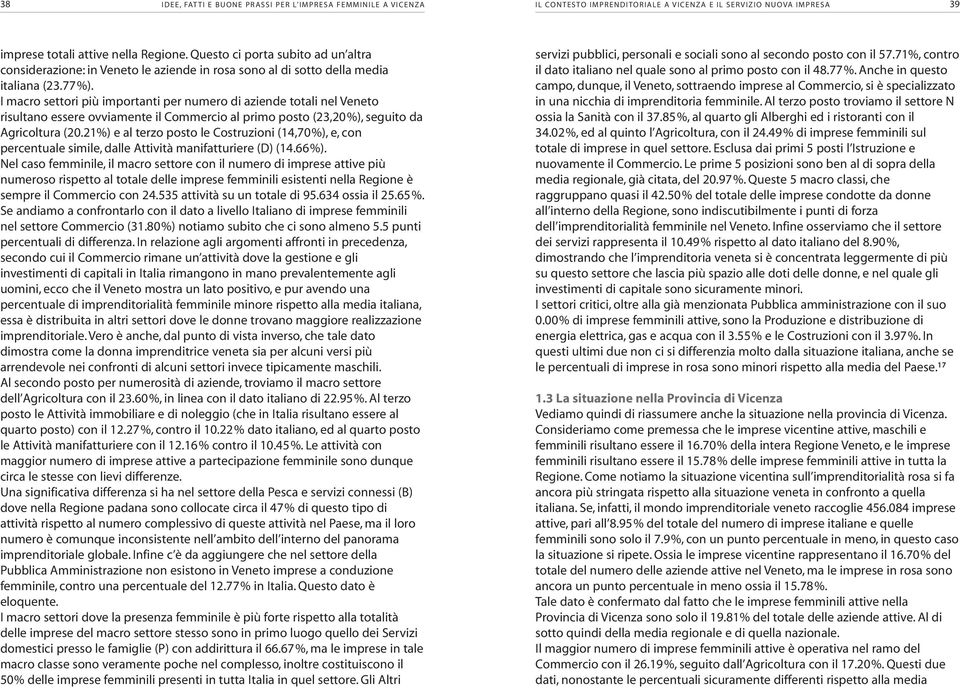 I macro settori più importanti per numero di aziende totali nel Veneto risultano essere ovviamente il Commercio al primo posto (23,20%), seguito da Agricoltura (20.